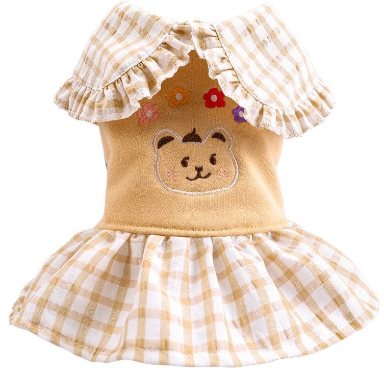 KUTKUT Fashion Collar Dress for Small Dogs School Suit Pet Clothes for Puppy, Cute Floral Bear Plaid Skirt for Shih Tzu, Bichon, Maltese etc (light Brown)-Clothing-kutkutstyle